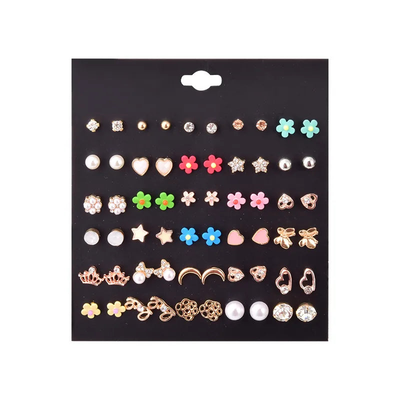 Fashion Creative 30 Pairs Color Flower Rhinestone Resin Geometric Earrings Set