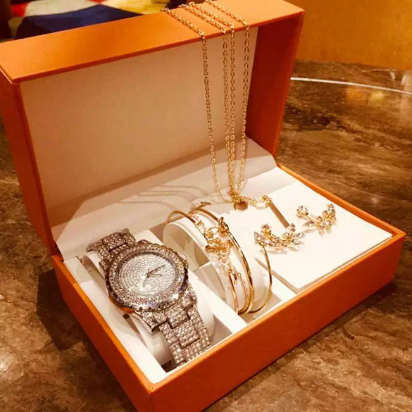 Fashion Creative Alloy Stainless Steel Round Watch And Bracelet Earrings Necklace Set For Female