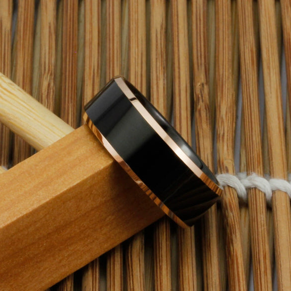 Fashion Creative Black Beveled Gold Band Ring In Stainless Steel