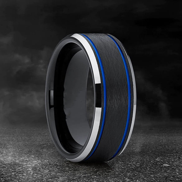 Fashion Creative Black Double Blue Stripe Stainless Steel Ring