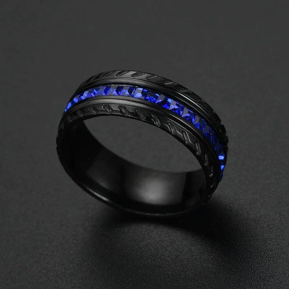 Fashion Creative Black Wheel Blue Diamond Ring Stainless Steel Jewelry