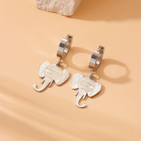 Fashion Creative Cartoon Animal Elephant Head Pendant Stainless Steel Gold Plated Earrings