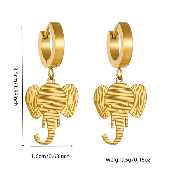 Fashion Creative Cartoon Animal Elephant Head Pendant Stainless Steel Gold Plated Earrings