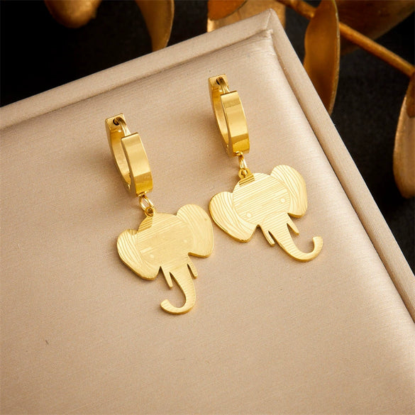Fashion Creative Cartoon Animal Elephant Head Pendant Stainless Steel Gold Plated Earrings