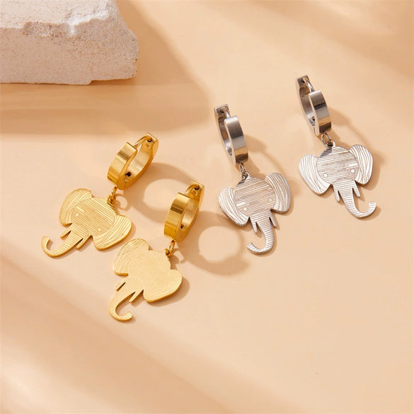 Fashion Creative Cartoon Animal Elephant Head Pendant Stainless Steel Gold Plated Earrings