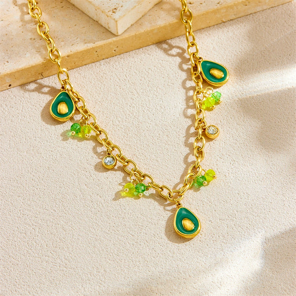 Fashion Creative Cartoon Fruit Avocado Pendant Stainless Steel Goldplated Necklace With O Word Chain