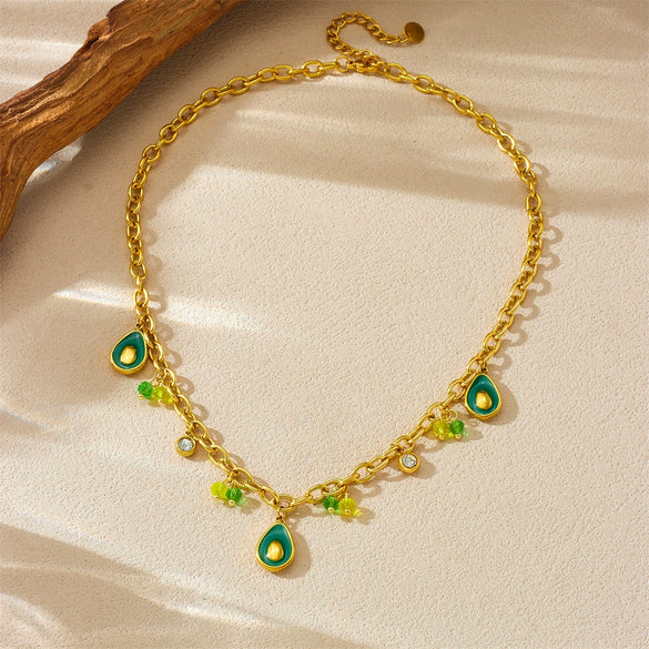 Fashion Creative Cartoon Fruit Avocado Pendant Stainless Steel Goldplated Necklace With O Word Chain