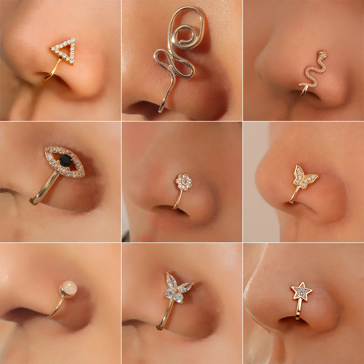 Fashion Creative Copper Perforation-free U-shaped Nasal Splint Piercing Butterfly Flower Snake-shaped Fake Nose Studs