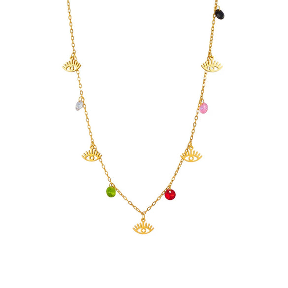 Fashion Creative Cut Color Beaded Oval Hollow Eye Titanium Steel Chain Necklace With Geometric Pattern And Electroplating Treatment