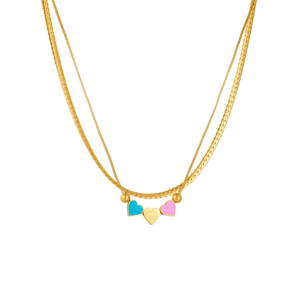 Fashion Creative Double Layer Stacked Color Love Titanium Steel Necklace With Geometric Pattern And Electroplating Treatment