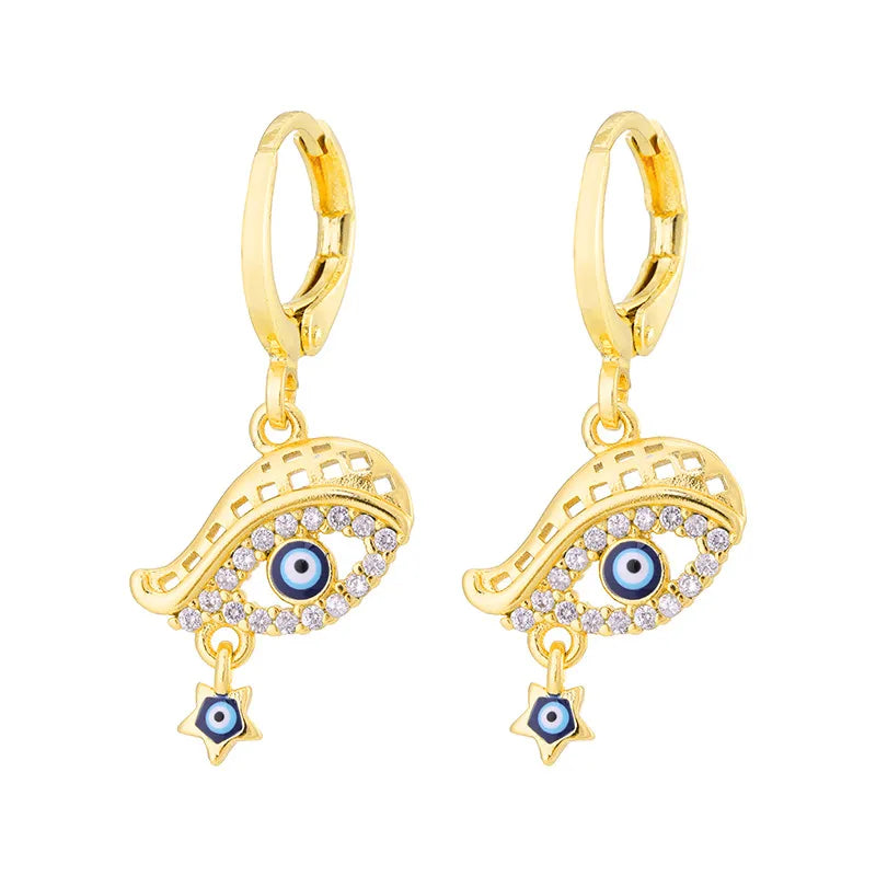 Fashion Creative Dripping Evil Blue Eyes Copper Inlaid Zircon Plated 18k Real Gold Earrings