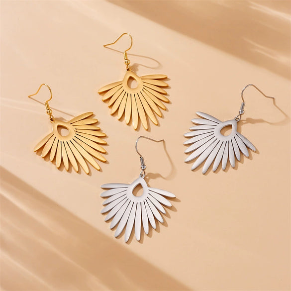 Fashion Creative Fan Shaped Gold Plated Stainless Steel Palm Tree Pendant Earrings For Women
