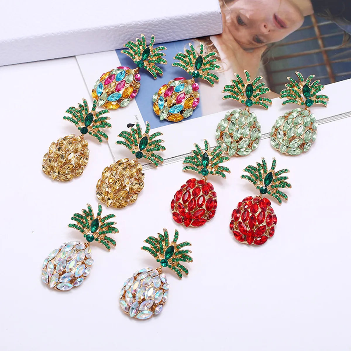 Fashion Creative Fruit Pineapple Inlaid Colorful Diamond  Earrings Wholesale