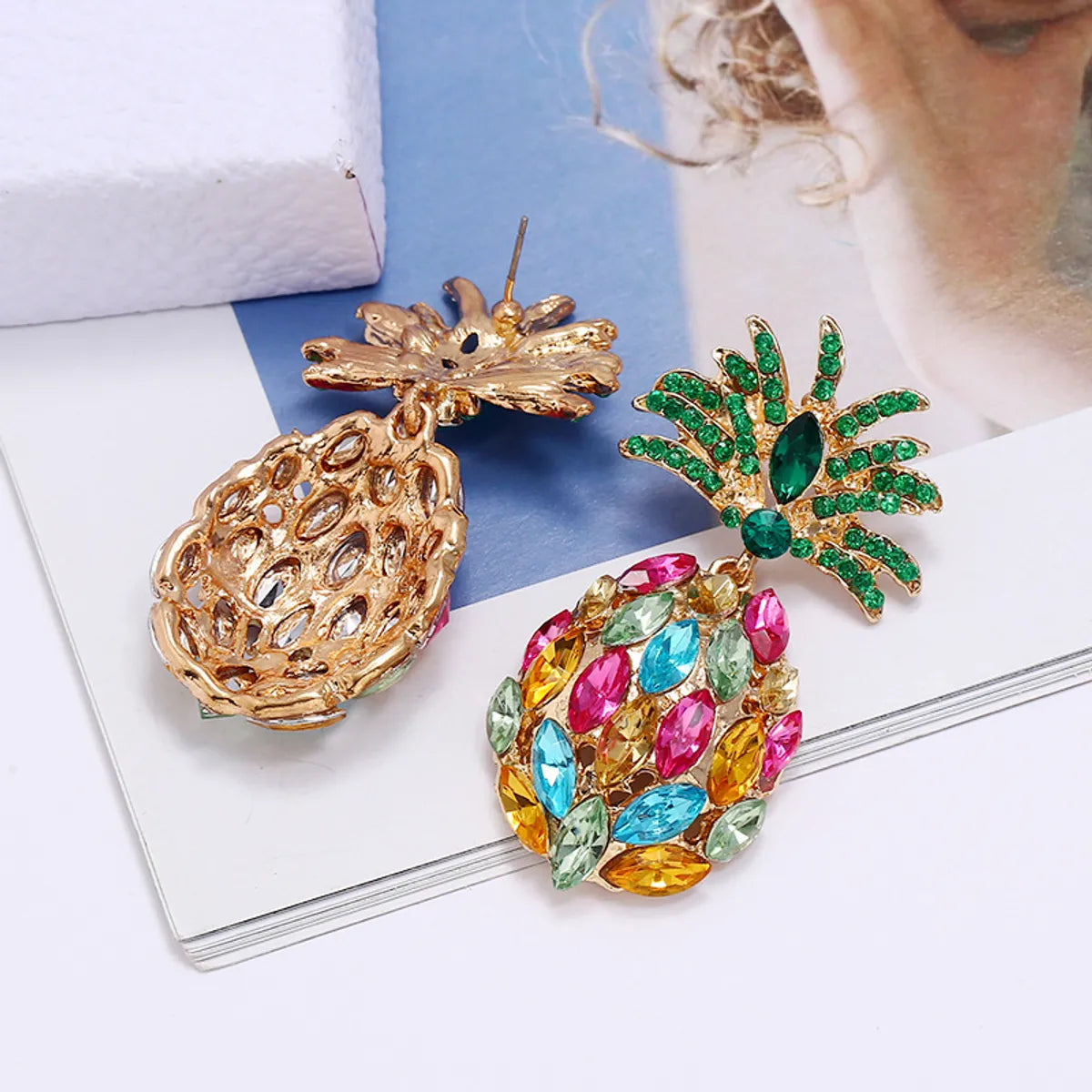 Fashion Creative Fruit Pineapple Inlaid Colorful Diamond  Earrings Wholesale