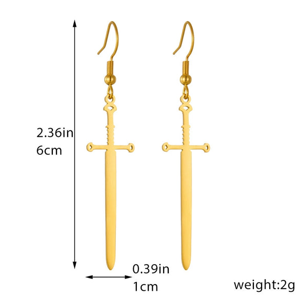 Fashion Creative Goldplated Stainless Steel Cross Sword Pendant Earrings