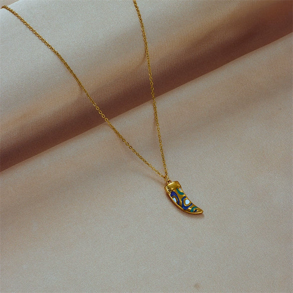 Fashion Creative Horn Pendant Accessories Titanium Steel Chain Necklace And Earrings With Oil Printing And Electroplating
