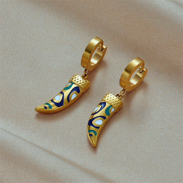 Fashion Creative Horn Pendant Accessories Titanium Steel Chain Necklace And Earrings With Oil Printing And Electroplating