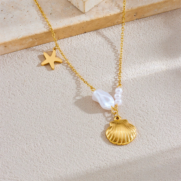 Fashion Creative Irregular Pearl Starfish Scallop Pendant Stainless Steel Gold Plated Necklace For Women With Star Pattern