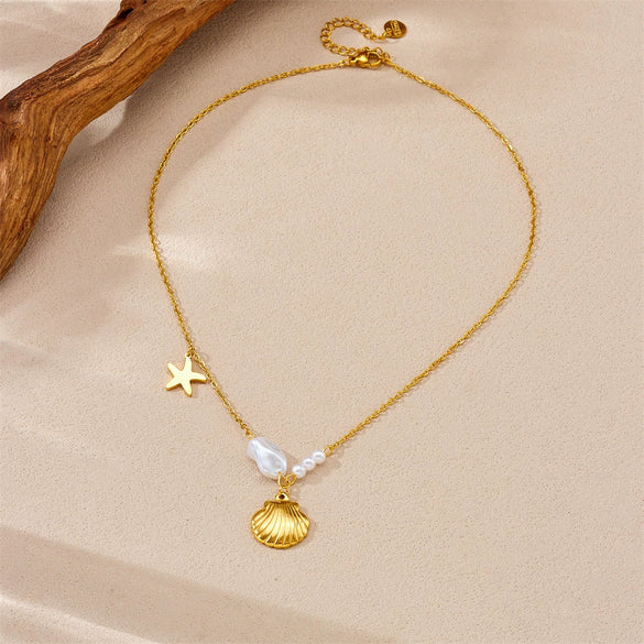 Fashion Creative Irregular Pearl Starfish Scallop Pendant Stainless Steel Gold Plated Necklace For Women With Star Pattern