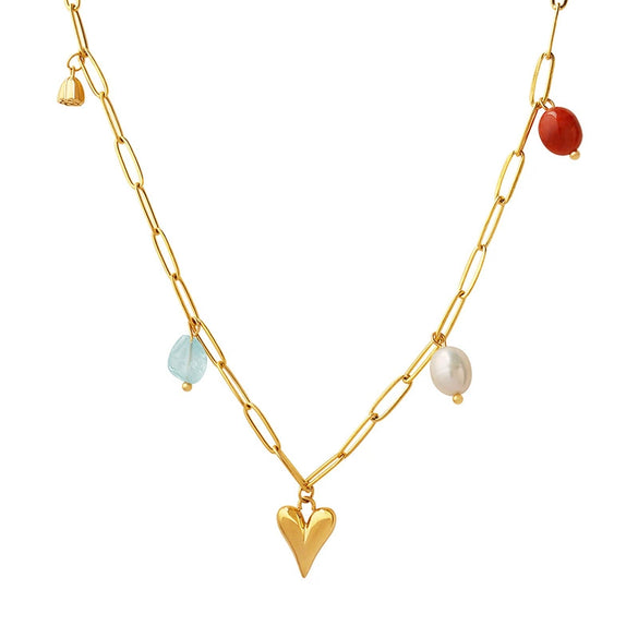 Fashion Creative Niche Personality All Match Necklace With Freshwater Pearl Gold Plated Peach Heart Mixed Gem Inlay And Titanium Steel