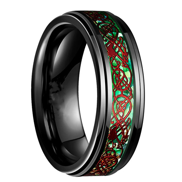 Fashion Creative Red And Green Carbon Fiber And Stainless Steel Dragon Ring With Geometric Style