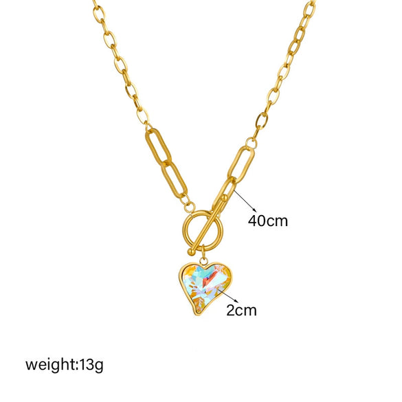 Fashion Creative Retro Faceted Colorful Crystal Heart Pendant Stainless Steel Chain Necklace With Mixed Gem Inlay And Electroplating