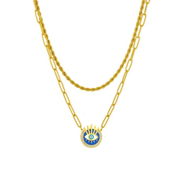 Fashion Creative Simple Titanium Steel Box Chain Double Layer Stacked Geometric Blue Eye Pendant Necklace With Electroplating