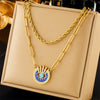 Fashion Creative Simple Titanium Steel Box Chain Double Layer Stacked Geometric Blue Eye Pendant Necklace With Electroplating