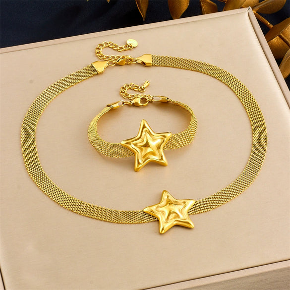 Fashion Creative Simple Wide Mesh Chain Jewelry Stainless Steel Gold Plated Love Star Irregular Necklace With Heart Water Drop Bell Pattern For Women