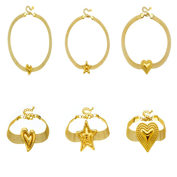 Fashion Creative Simple Wide Mesh Chain Jewelry Stainless Steel Gold Plated Love Star Irregular Necklace With Heart Water Drop Bell Pattern For Women