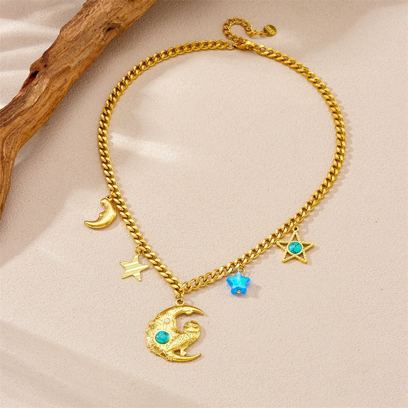 Fashion Creative Stainless Steel Gold Plated Moon Owl Star Pendant O Word Chain Collarbone Necklace