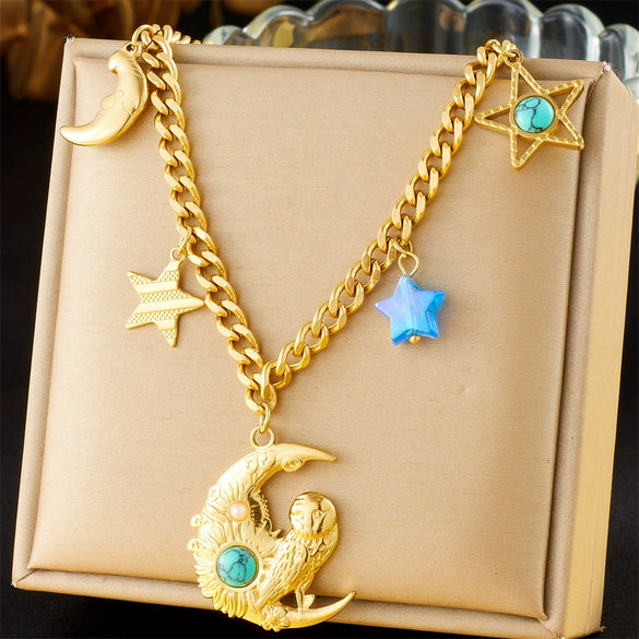Fashion Creative Stainless Steel Gold Plated Moon Owl Star Pendant O Word Chain Collarbone Necklace