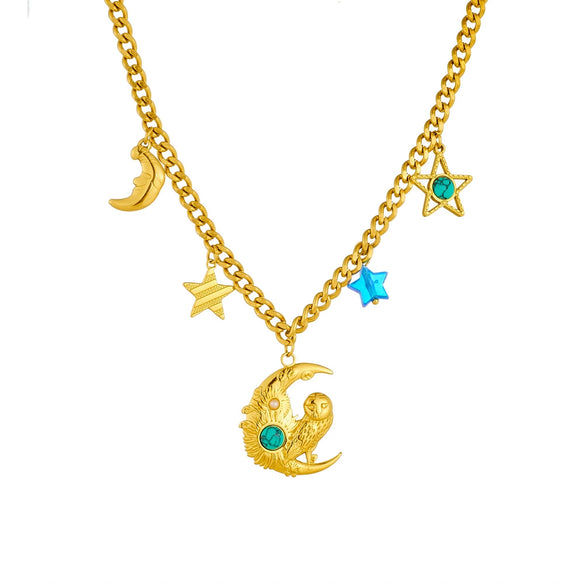 Fashion Creative Stainless Steel Gold Plated Moon Owl Star Pendant O Word Chain Collarbone Necklace