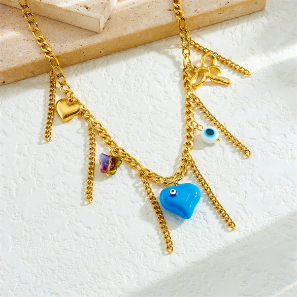 Fashion Creative Stainless Steel Ladies Necklace With Heart Shape Drop Oil Eyes Love Bow Tassel Chain And Electroplating Design