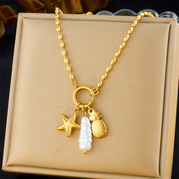 Fashion Creative Stainless Steel Round Bead Chain Necklace With Gold Plated Star And Fruit Pendant