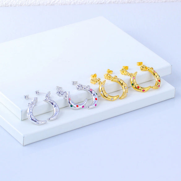 Fashion Crescent Colorful Zircon Earrings Stainless Steel 18K Gold Electroplated Jewelry For Women