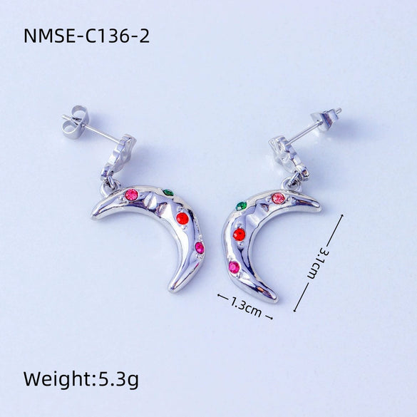 Fashion Crescent Colorful Zircon Earrings Stainless Steel 18K Gold Electroplated Jewelry For Women