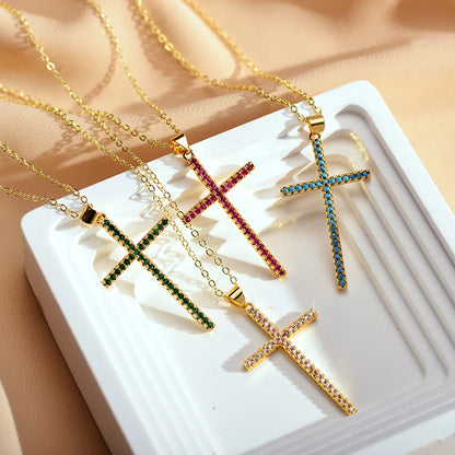 Fashion Cross Copper Gold Plated Zircon Necklace 1 Piece