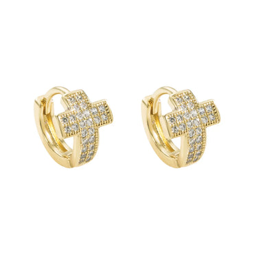 Fashion Cross Copper Gold Plated Zircon Hoop Earrings 1 Pair