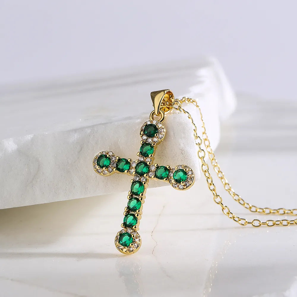 Fashion Cross Copper Gold Plated Zircon Pendant Necklace 1 Piece