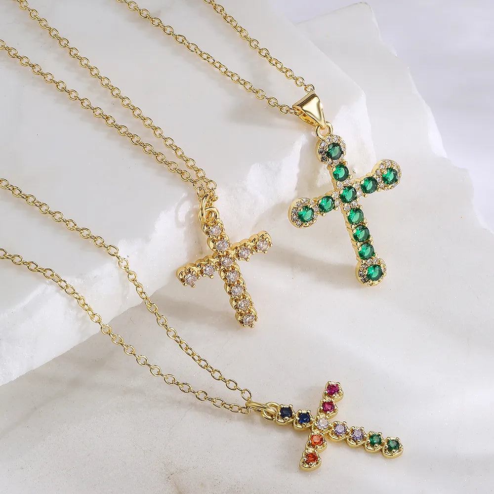 Fashion Cross Copper Gold Plated Zircon Pendant Necklace 1 Piece