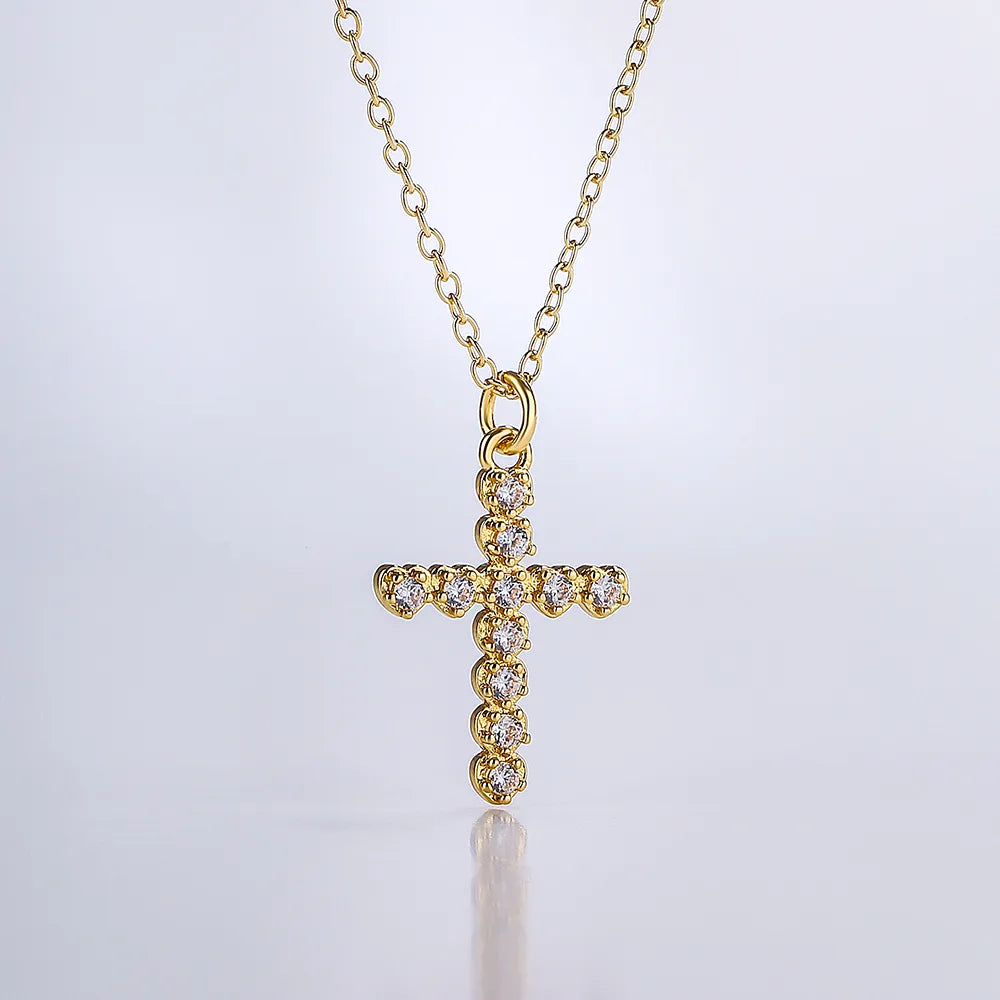 Fashion Cross Copper Gold Plated Zircon Pendant Necklace 1 Piece