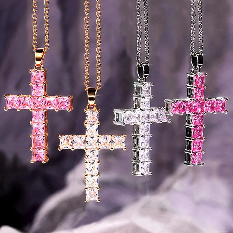 Fashion Cross Copper Inlay Zircon Pendant Necklace