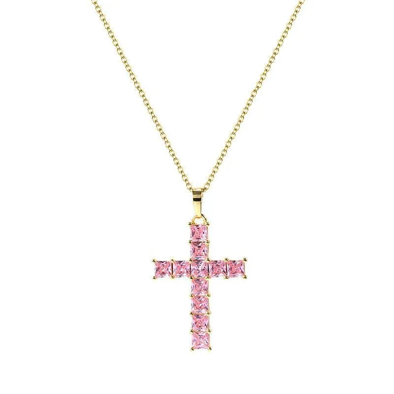 Fashion Cross Copper Inlay Zircon Pendant Necklace