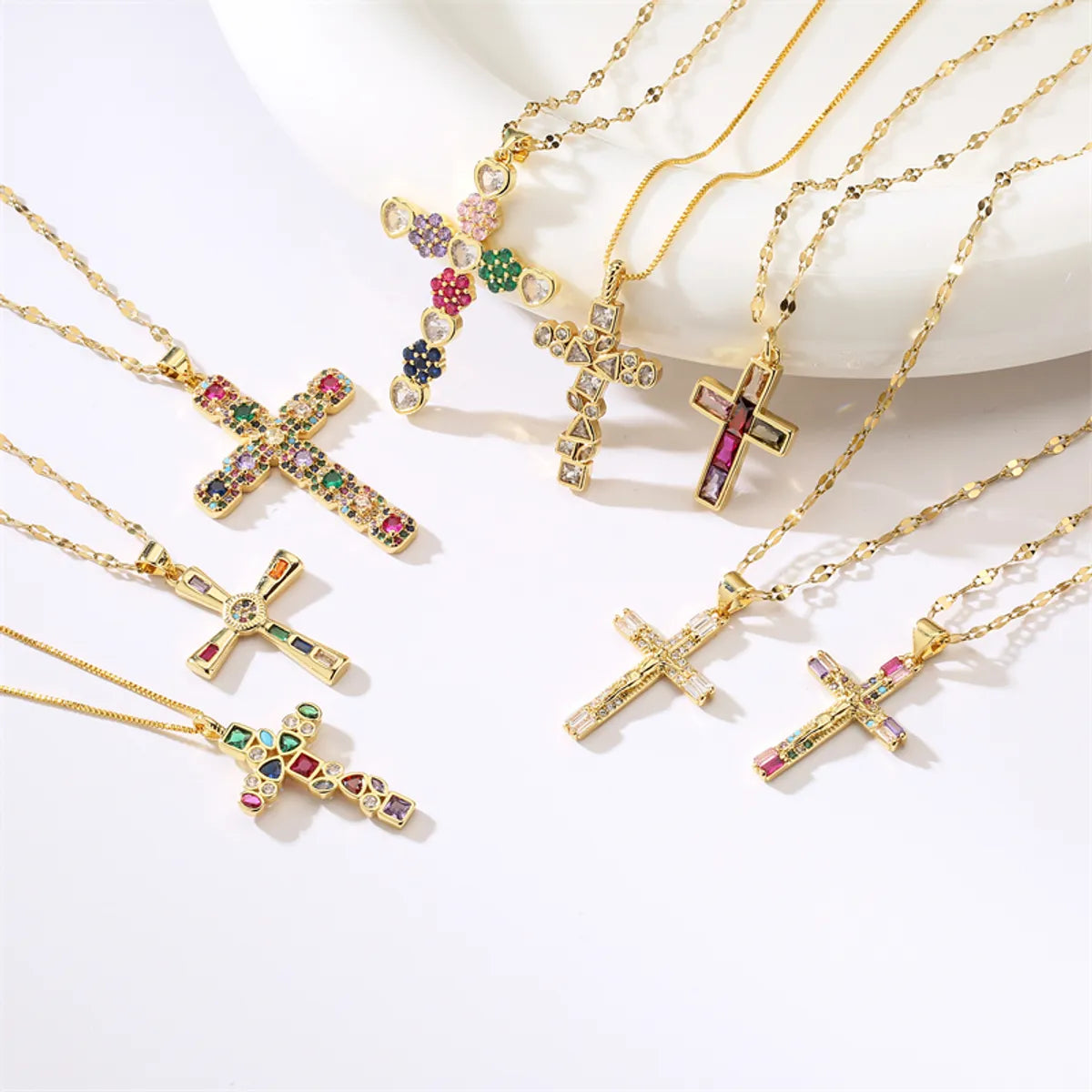 Fashion Cross Copper Plating Inlay Zircon Gold Plated Pendant Necklace