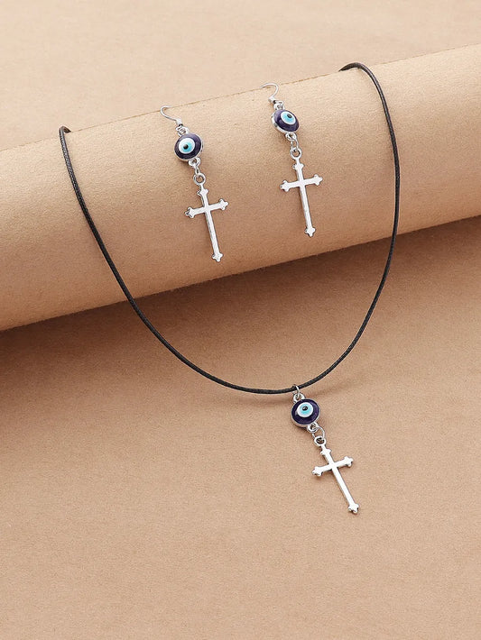 Fashion Cross Eye Stainless Steel Resin Enamel Earrings Necklace