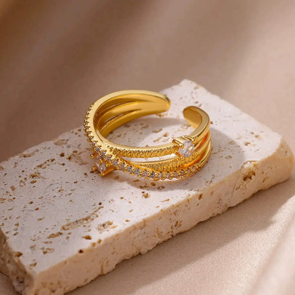 Fashion Cross Multilayer Open Ring For Women Stainless Steel Goldplated Water Drop Shape