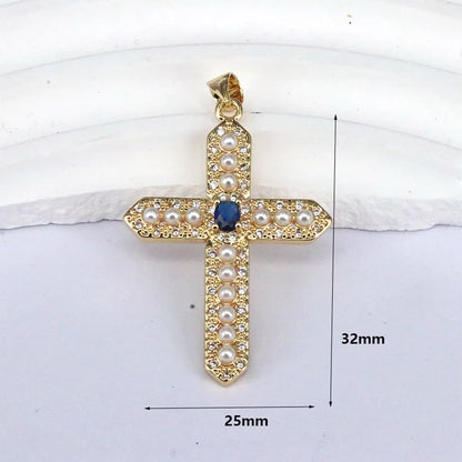 Fashion Cross Round Copper Plating Inlay Artificial Pearls Zircon Pendant Necklace