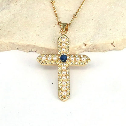 Fashion Cross Round Copper Plating Inlay Artificial Pearls Zircon Pendant Necklace