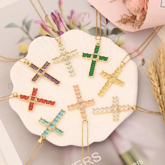 Fashion Cross Stainless Steel Copper Pendant Necklace Inlay Zircon Stainless Steel Necklaces